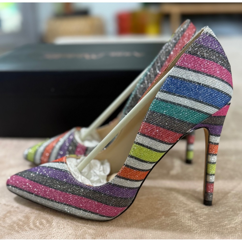 Anne Michelle Hibiscus-35 Multi Color Striped Glitter Pointed Toe Pumps Size 7